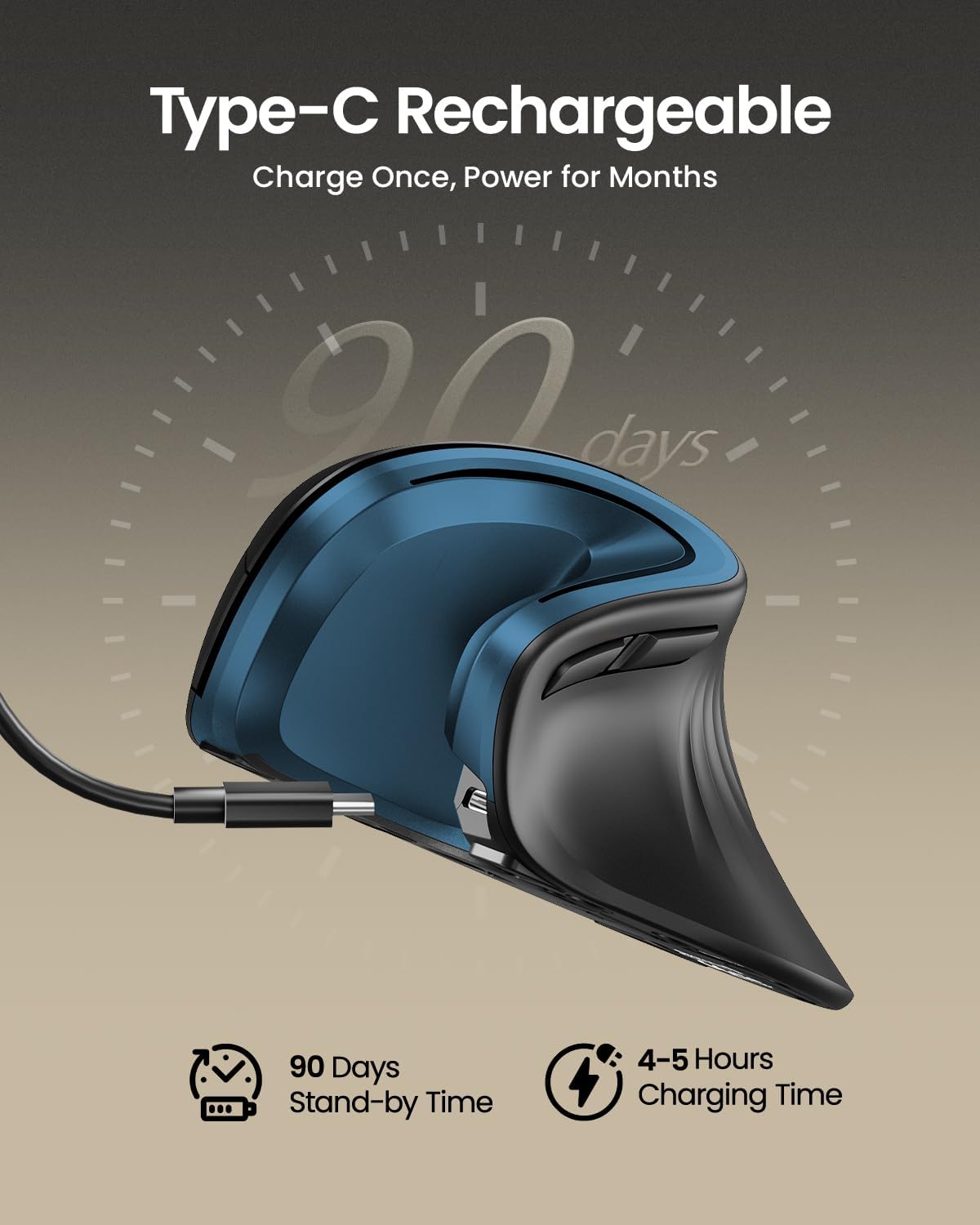 ProtoArc Ergonomic Vertical Mouse, EM11 NL Rechargeable Wireless Mouse Bluetooth, Ergo Mice with 3 Multi-Device for PC/Notebook/Laptop, 2.4GHz Optical Mice for Windows, Mac OS, Blue - Image 3