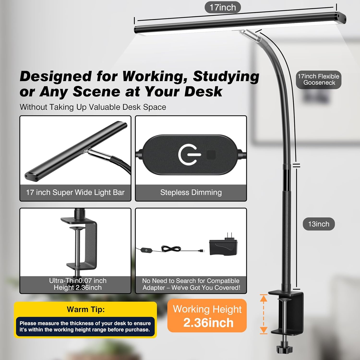 LED Desk Lamp for Office Home, Eye-Caring Desk Light with Stepless Dimming Adjustable Flexible Gooseneck, 10W USB Adapter Desk Lamp with Clamp for Reading, Study, Workbench (Black) - Image 4