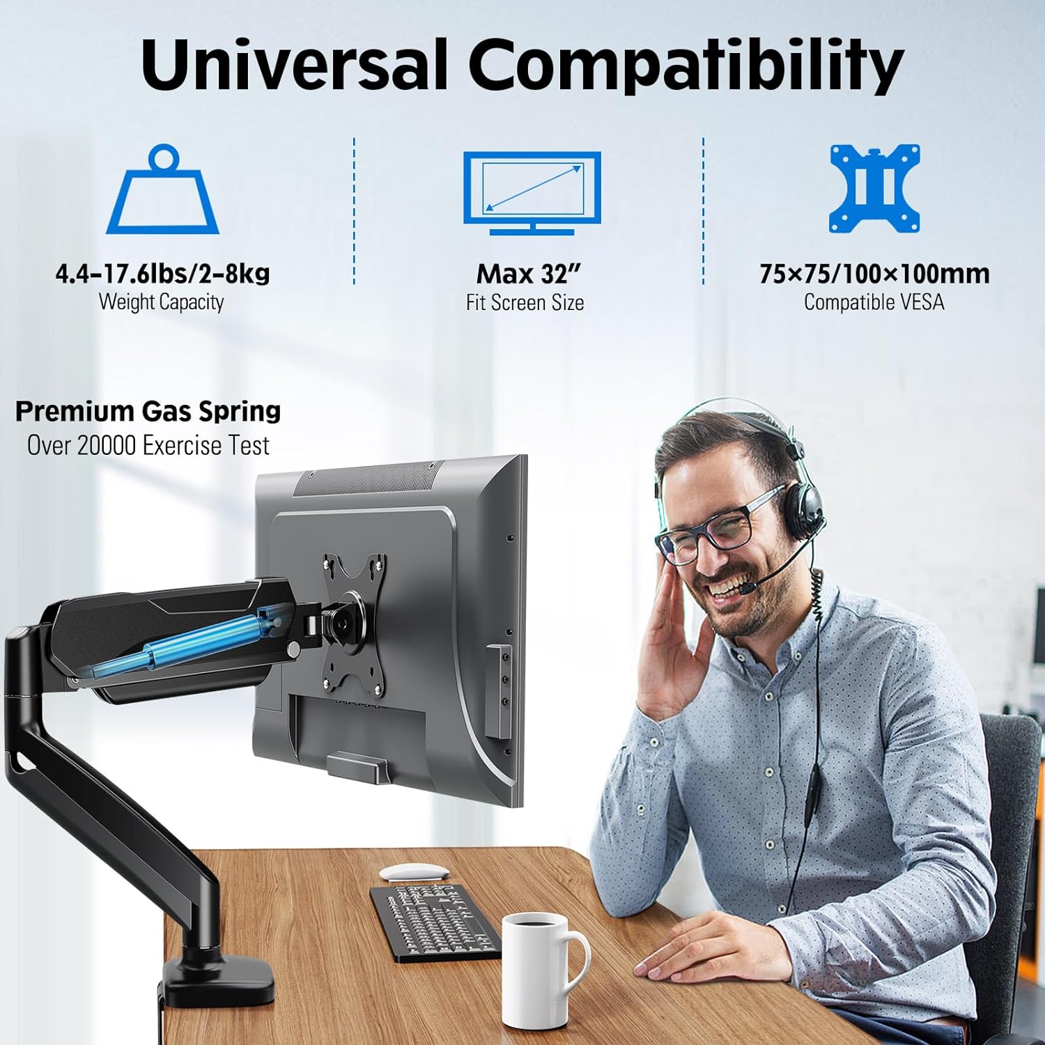 MOUNTUP Single Monitor Desk Mount, Adjustable Gas Spring Monitor Arm Support Max 32 Inch Screen, Computer Monitors Stand with Clamp/Grommet Mounting Base, VESA Mounts Fit 4.4-17.6lbs Computer, Black - Image 4