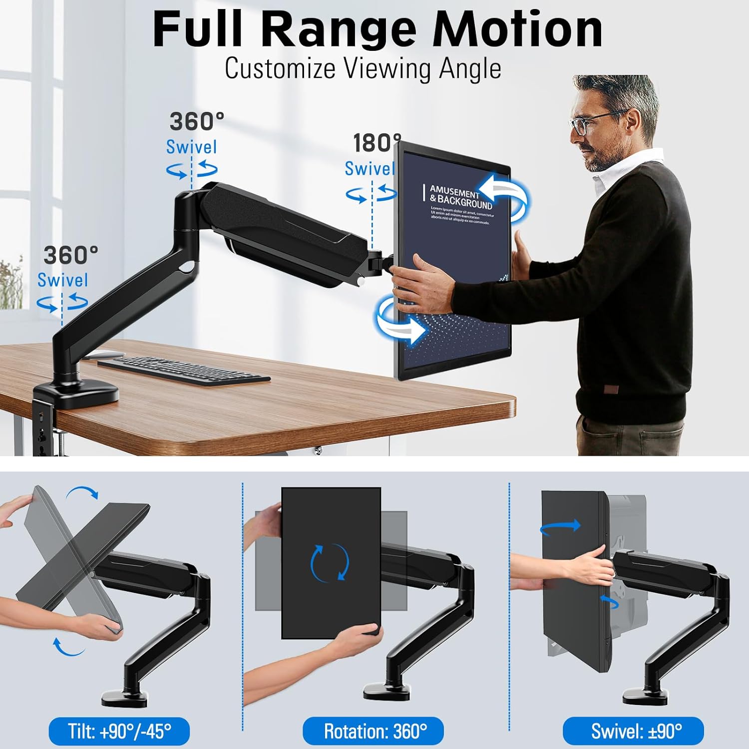 MOUNTUP Single Monitor Desk Mount, Adjustable Gas Spring Monitor Arm Support Max 32 Inch Screen, Computer Monitors Stand with Clamp/Grommet Mounting Base, VESA Mounts Fit 4.4-17.6lbs Computer, Black - Image 5