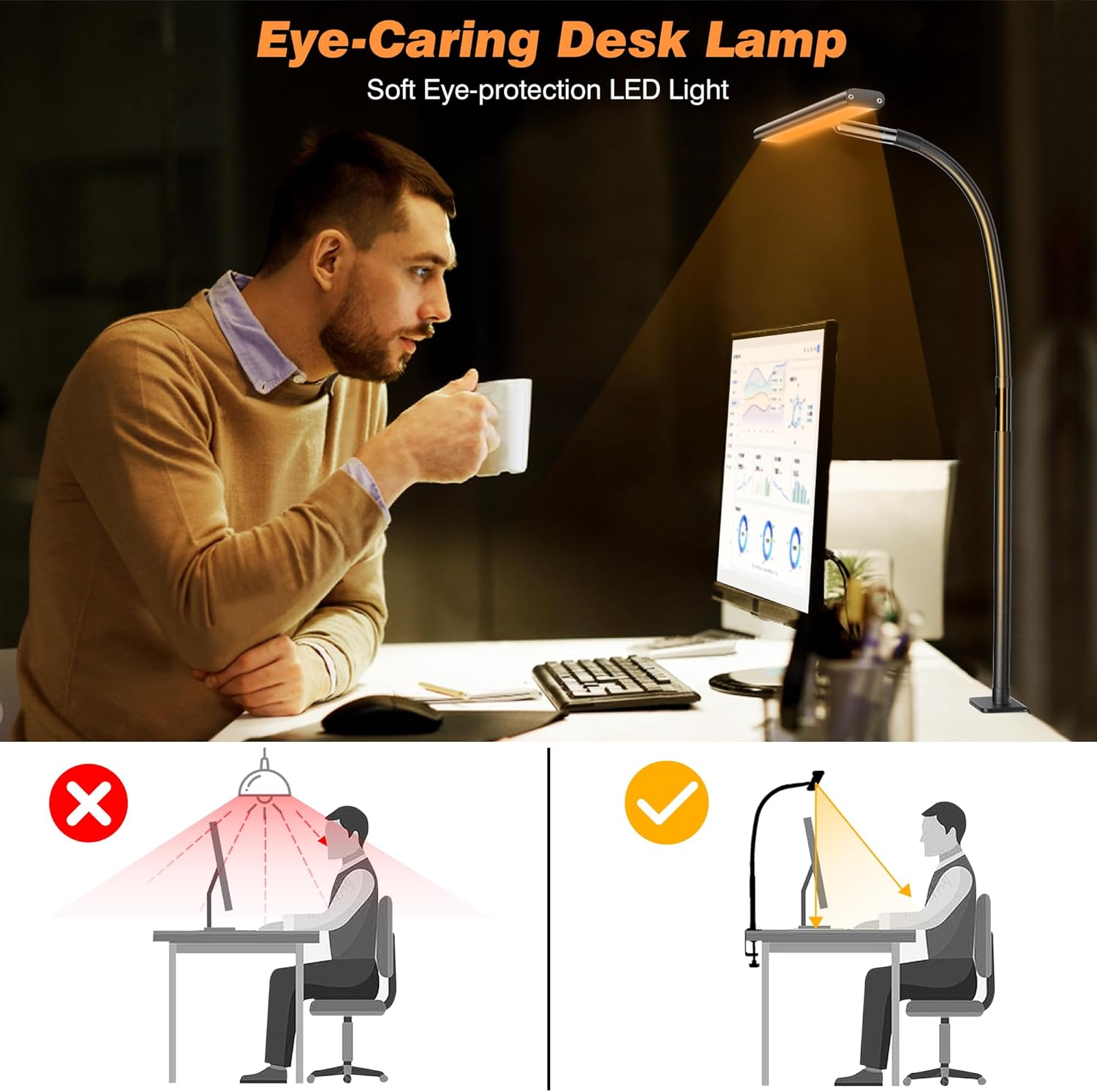 LED Desk Lamp for Office Home, Eye-Caring Desk Light with Stepless Dimming Adjustable Flexible Gooseneck, 10W USB Adapter Desk Lamp with Clamp for Reading, Study, Workbench (Black) - Image 7