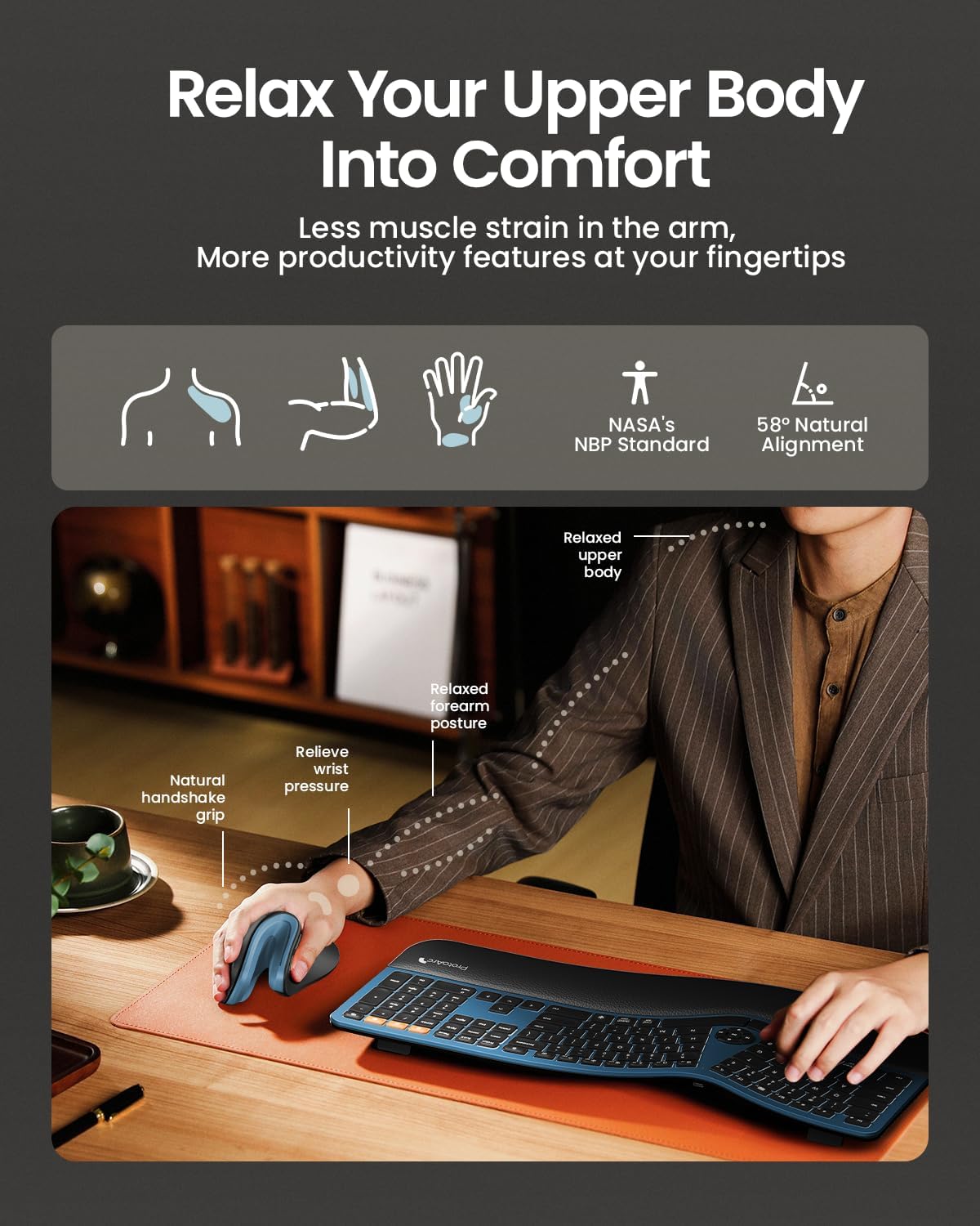 ProtoArc Ergonomic Vertical Mouse, EM11 NL Rechargeable Wireless Mouse Bluetooth, Ergo Mice with 3 Multi-Device for PC/Notebook/Laptop, 2.4GHz Optical Mice for Windows, Mac OS, Blue - Image 5