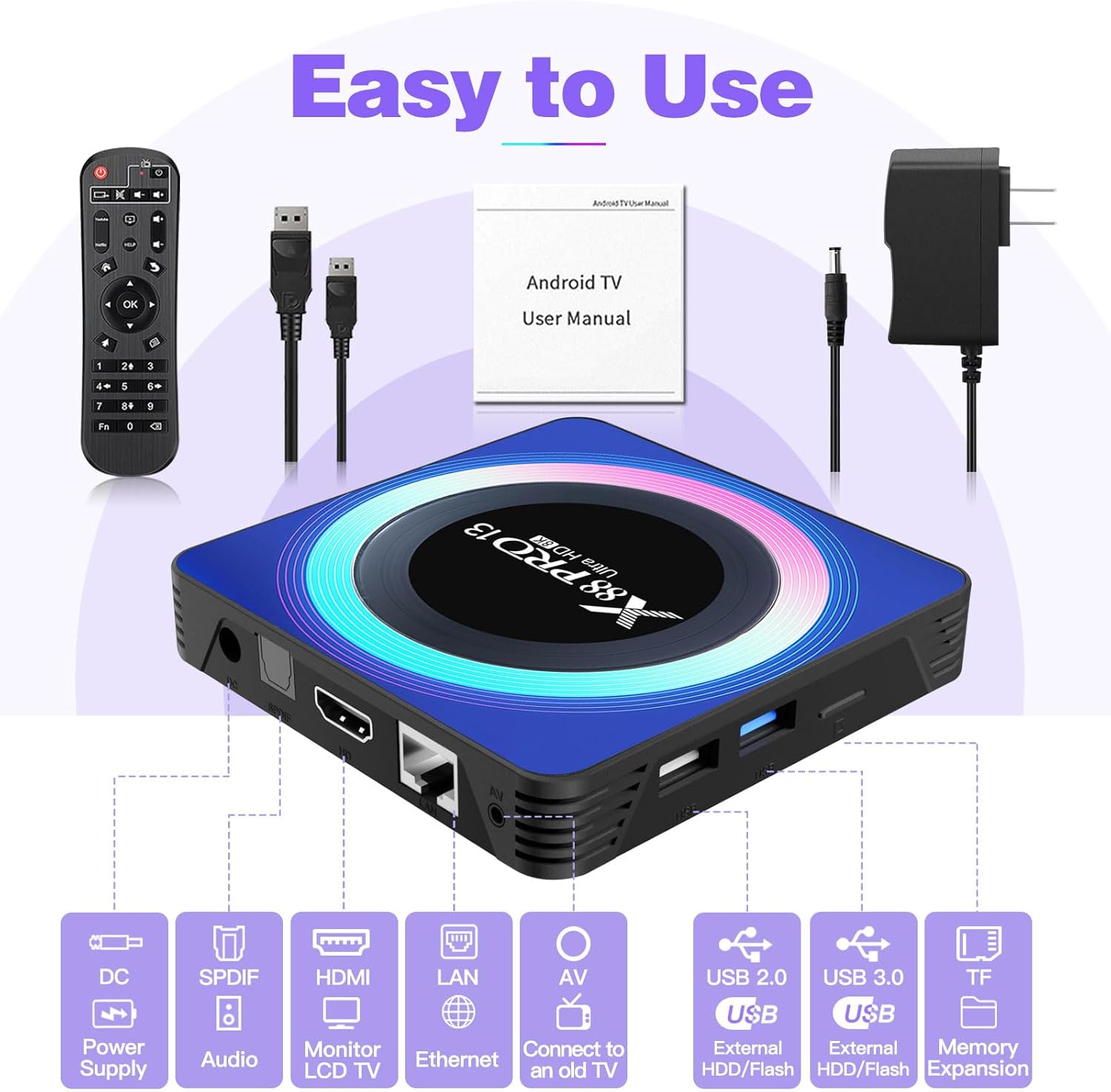 BL Android TV Box 13.0, 2025 Android TV Box 4GB RAM 32GB ROM 6K 8K Wi-Fi 6, X88PRO 13 TV Box Android RK3528 Quad-Core 2.4G/5G Wi-Fi Bluetooth 5.0 USB 3.0 Android Box - Image 8