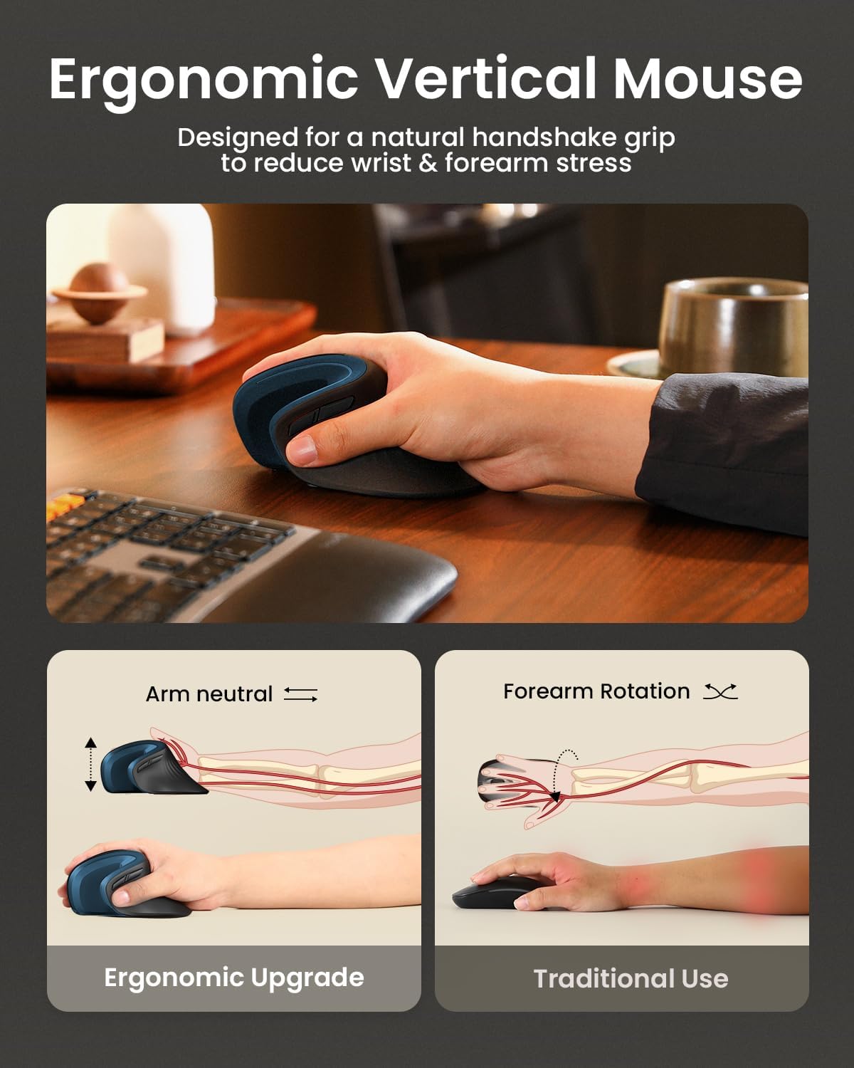 ProtoArc Ergonomic Vertical Mouse, EM11 NL Rechargeable Wireless Mouse Bluetooth, Ergo Mice with 3 Multi-Device for PC/Notebook/Laptop, 2.4GHz Optical Mice for Windows, Mac OS, Blue - Image 6