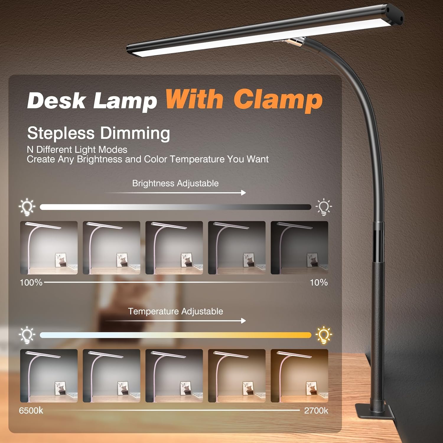 LED Desk Lamp for Office Home, Eye-Caring Desk Light with Stepless Dimming Adjustable Flexible Gooseneck, 10W USB Adapter Desk Lamp with Clamp for Reading, Study, Workbench (Black) - Image 3