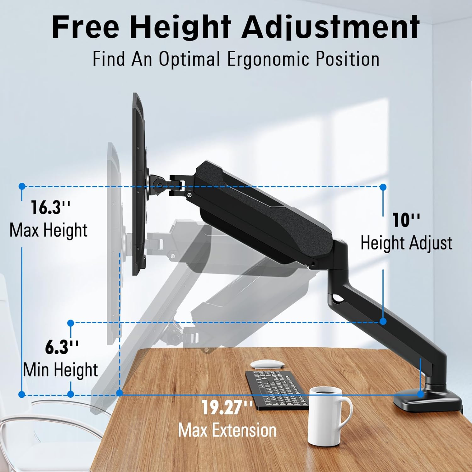 MOUNTUP Single Monitor Desk Mount, Adjustable Gas Spring Monitor Arm Support Max 32 Inch Screen, Computer Monitors Stand with Clamp/Grommet Mounting Base, VESA Mounts Fit 4.4-17.6lbs Computer, Black - Image 6