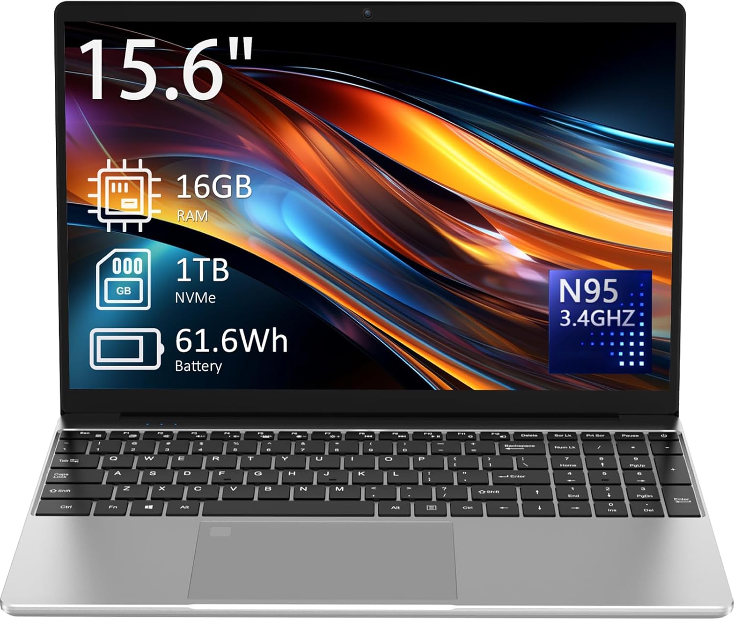 15.6" Laptop Computer, 16GB RAM, 1TB NVMe, 4C4T N95 Up to 3.4GHz, FHD Display, Backlit Keyboard, Fingerprint Reader, Big 8000mAh Battery, Win11 Pro, Upgradable to 10TB Storage, Silver, T152A - Image 2